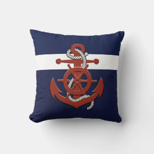 Nautical red ship's wheel/anchor navy blue throw p pillow