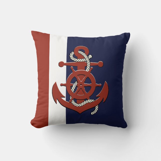 Nautical red ship's wheel/anchor navy blue throw p throw pillow (Front)