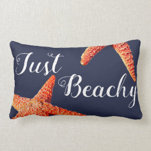 Nautical Red Starfish Just Beachy Script Lumbar Pillow