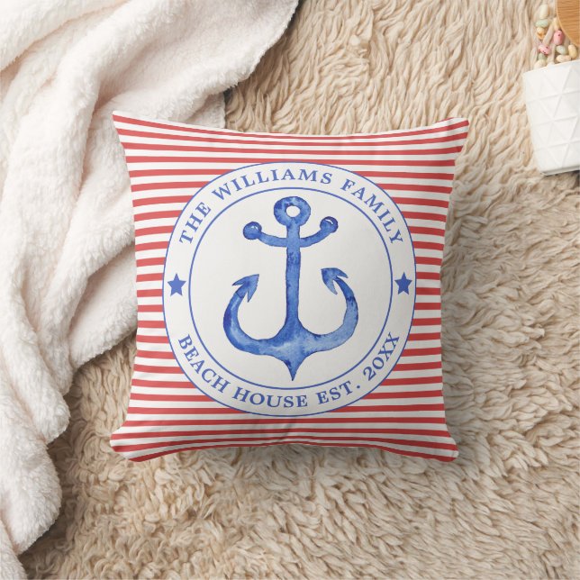 Nautical Red Striped - Family Beach House Throw Pillow (Blanket)