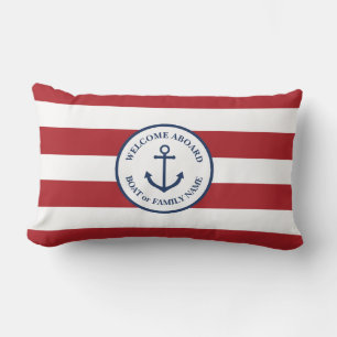 Nautical red striped welcome aboard pillow