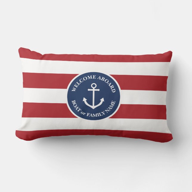 Nautical red striped welcome aboard pillow (Front)