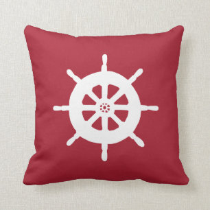Nautical Red Throw Pillow Ship's Wheel