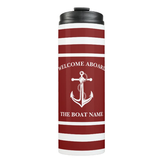 Nautical Red Welcome Aboard Boat Name Anchor Thermal Tumbler (Front)