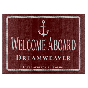 Nautical Red Welcome Aboard Boat Name Cutting Board