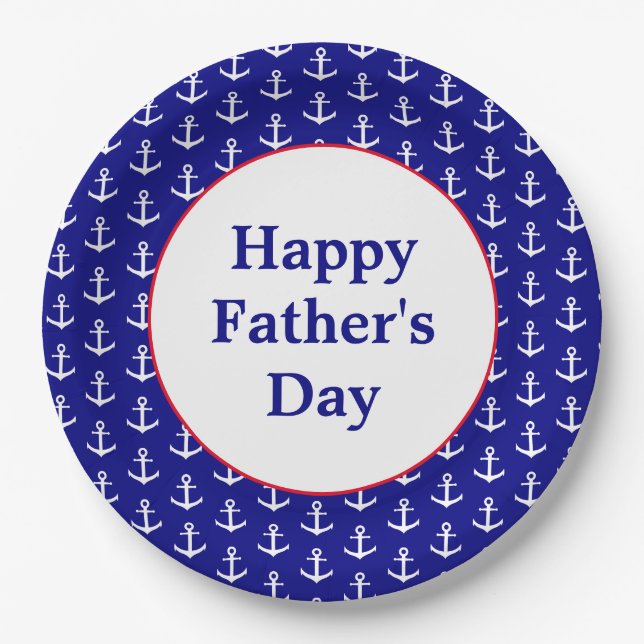 Nautical Red, White and Blue Happy Father's Day Paper Plate (Front)