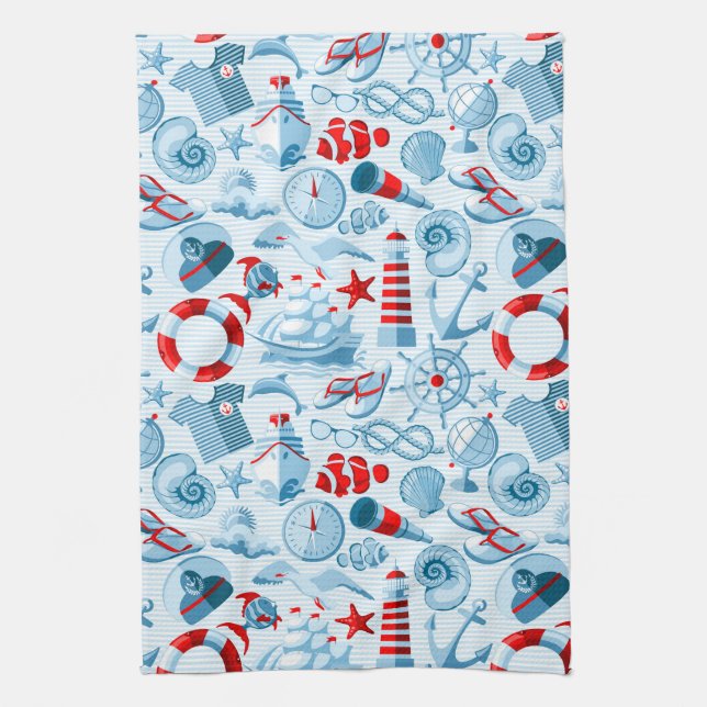 Nautical Red White And Blue Pattern Kitchen Towel (Vertical)