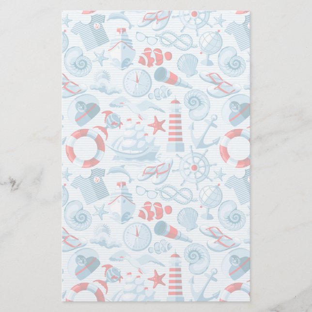 Nautical Red White And Blue Pattern Stationery (Front)