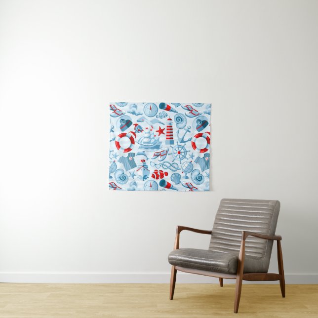 Nautical Red White And Blue Pattern Tapestry (In Situ (Horizontal))