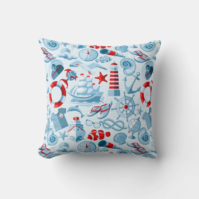 Nautical Red White And Blue Pattern Throw Pillow (Front)