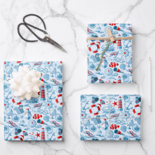 Nautical Red White And Blue Pattern Wrapping Paper Sheet