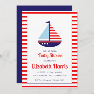 Nautical Red White and Blue Sailboat Baby Shower Invitation