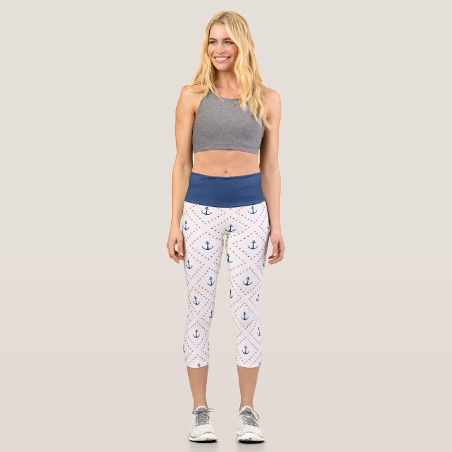 Nautical Red White Blue Anchor Pattern  Capri Leggings (Front)