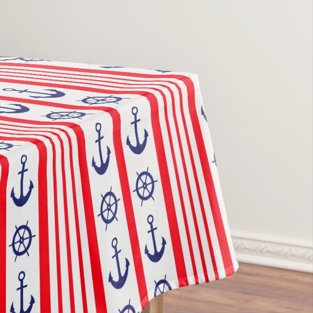 Nautical Red White Blue Anchors Ships Wheels Boat Tablecloth (In Situ)