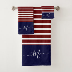 Nautical Red White Blue Striped Monogram Name Bath Towel Set