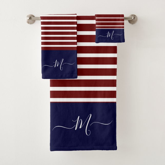 Nautical Red White Blue Striped Monogram Name Bath Towel Set (Insitu)