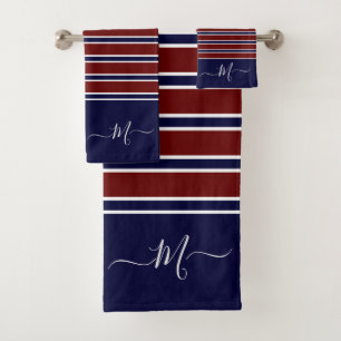 Nautical Red White Blue Striped Monogram Name Bath Towel Set