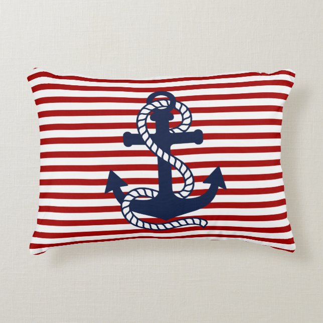 Nautical Red White Stripes and Blue Anchor Accent Pillow (Front)