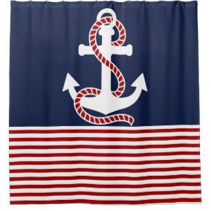 Nautical Red White Stripes and Red Anchor