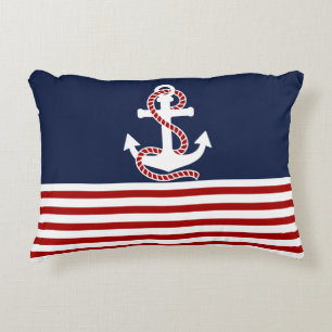 Nautical Red White Stripes and White Anchor Accent Pillow