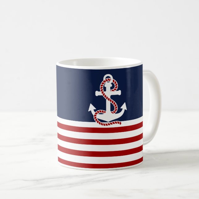 Nautical Red White Stripes and White Anchor Coffee Mug (Front Right)