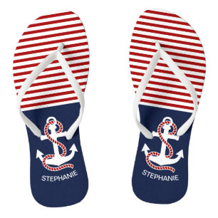 Nautical Red White Stripes and White Anchor Flip Flops