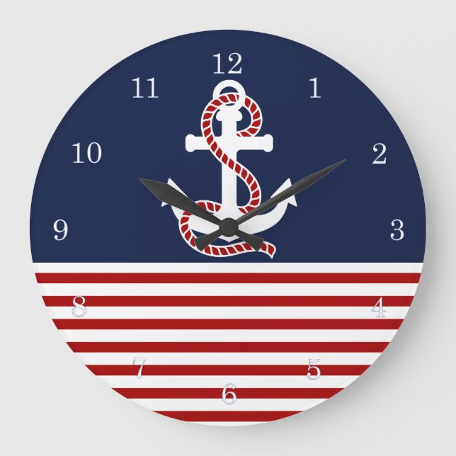 Nautical Red White Stripes and White Anchor Large Clock (Front)