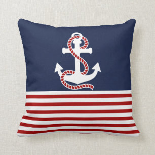 Nautical Red White Stripes and White Anchor Throw Pillow