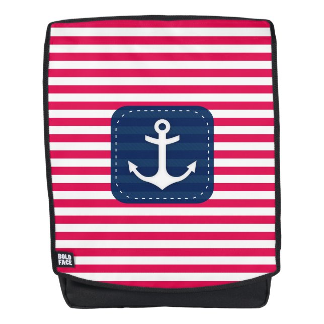 Nautical Red White Stripes Navy Blue Banner Anchor Backpack (Front)