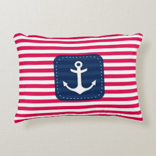 Nautical Red White Stripes Navy Blue Banner Anchor Decorative Pillow