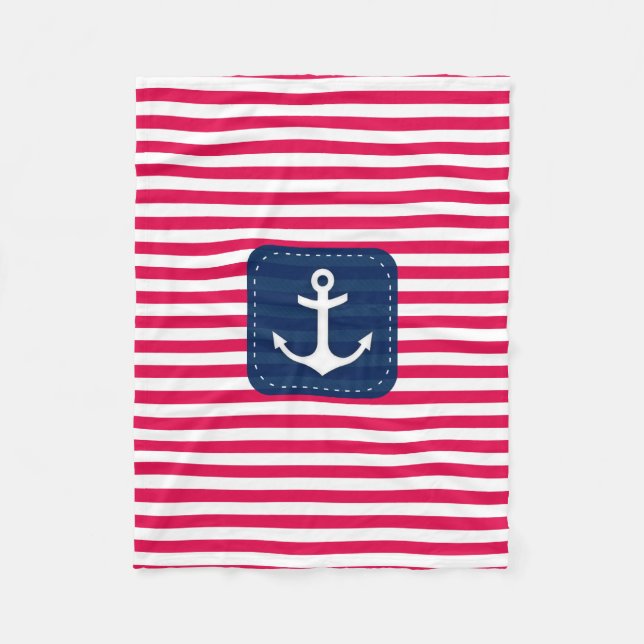 Nautical Red White Stripes Navy Blue Banner Anchor Fleece Blanket (Front)