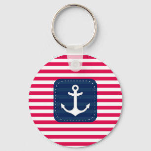 Nautical Red White Stripes Navy Blue Banner Anchor Keychain