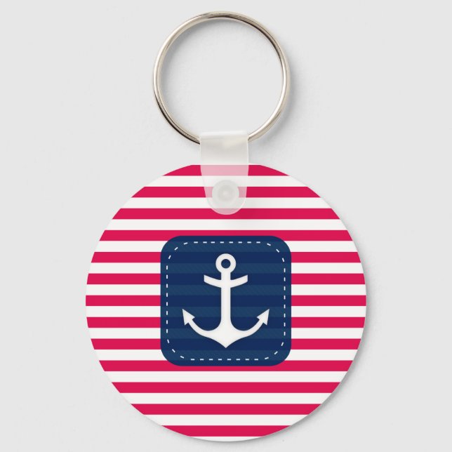Nautical Red White Stripes Navy Blue Banner Anchor Keychain (Front)