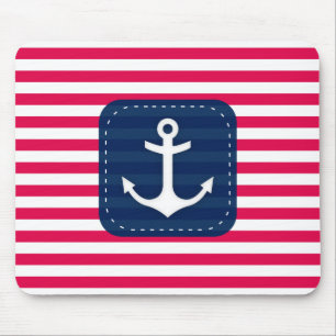 Nautical Red White Stripes Navy Blue Banner Anchor Mouse Pad