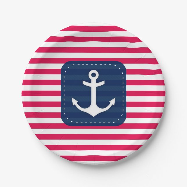 Nautical Red White Stripes Navy Blue Banner Anchor Paper Plate (Front)