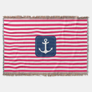 Nautical Red White Stripes Navy Blue Banner Anchor Throw Blanket