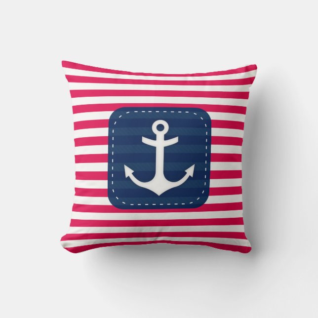 Nautical Red White Stripes Navy Blue Banner Anchor Throw Pillow (Front)