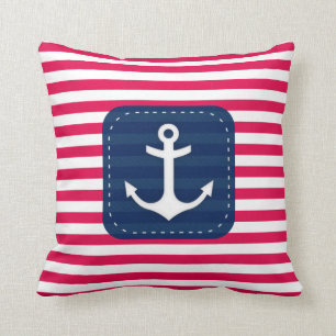 Nautical Red White Stripes Navy Blue Banner Anchor Throw Pillow