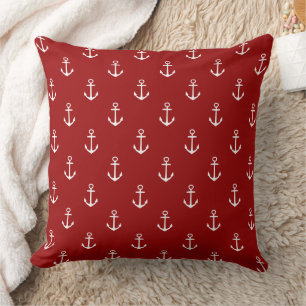 Nautical Red With White Anchors Throw Pillow