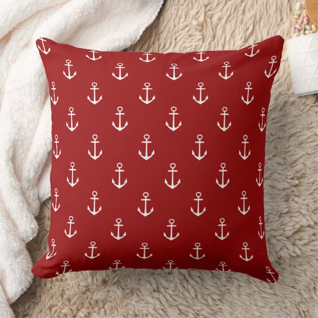 Nautical Red With White Anchors Throw Pillow (Blanket)
