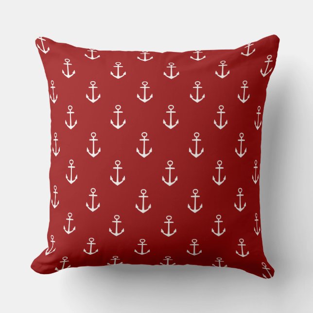 Nautical Red With White Anchors Throw Pillow (Front)