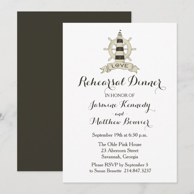 Nautical Rehearsal Dinner Brown Lighthouse Ship Invitation (Front/Back)