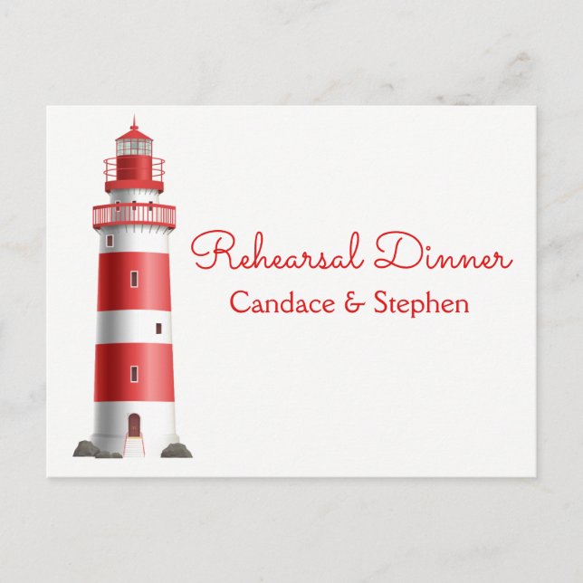 Nautical Rehearsal Dinner Lighthouse Beach Wedding Invitation Postcard (Front)
