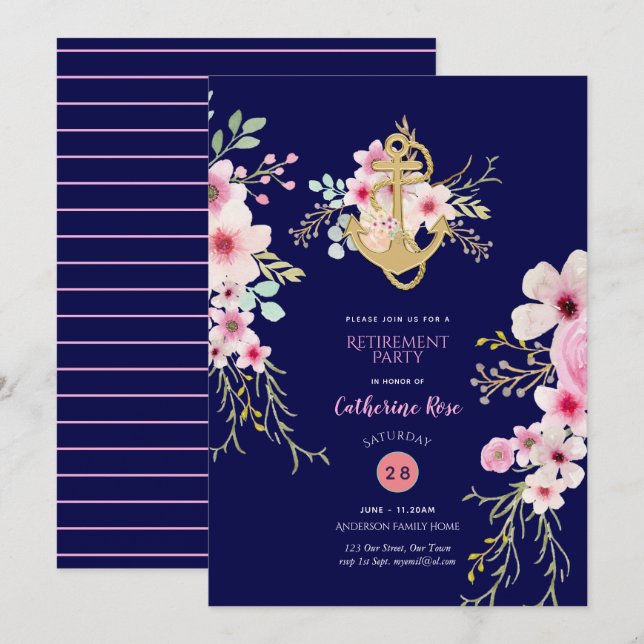Nautical Retirement Invites Navy Blue Pink Floral (Front/Back)