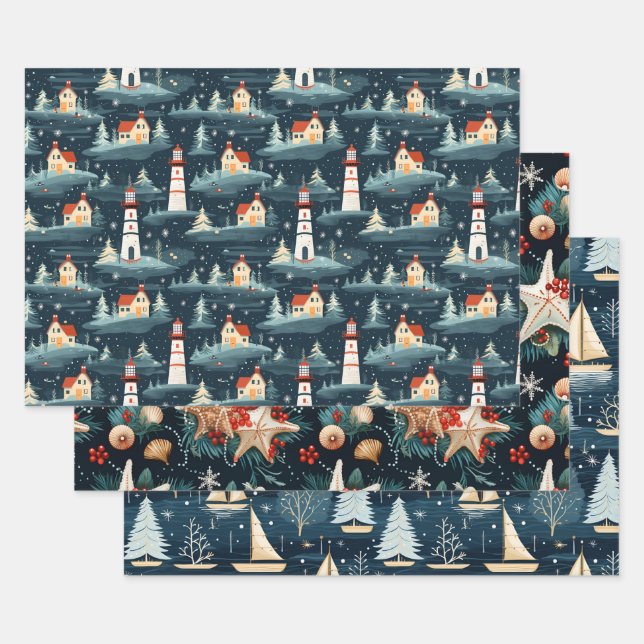 Nautical Retro Christmas Pattern  Wrapping Paper Sheet (Set)