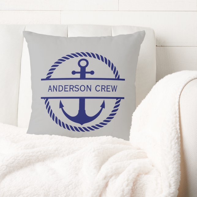 Nautical Rope & Anchor Monogram Crew  Throw Pillow (Creator Uploaded)