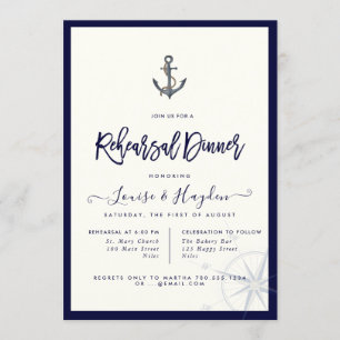 Nautical Rope Anchor  Navy Blue Rehearsal Dinner Invitation