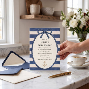 Nautical Rope Anchor Navy Stripe Baby Shower Invitation
