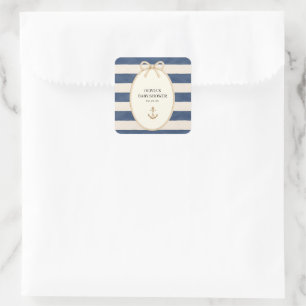 Nautical Rope Anchor Navy Stripe Baby Shower Square Sticker
