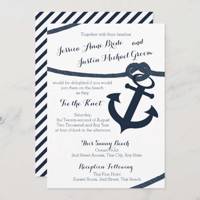 Nautical Rope and Anchor Dark Navy Wedding Invitation (Front/Back)